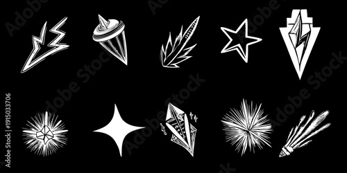 A collection of eight distinct white abstract symbols on a black background isolated on white background, Vector