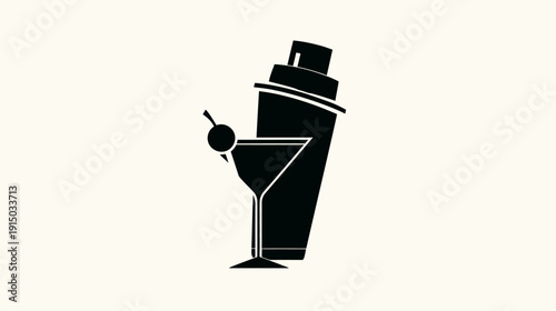 A sleek, black silhouette showcases a cocktail shaker and a martini glass with an olive