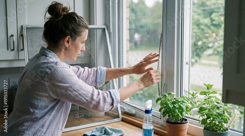 Woman in light-colored shirt cleaning window with spray bottle and cloth, surrounded by potted plants on kitchen counter, with natural light illuminating the indoor space
