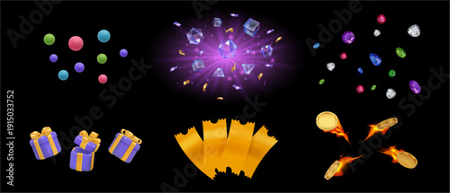 Casino banners or logo decoration. Vector realistic set of precious gemstone diamonds, coins in flames, tickets of coupons, presents or gifts. Decorative burst for promo design, wealth and richness