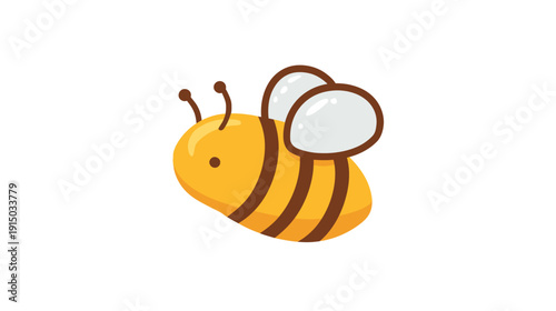 A smiling, cartoonish yellow bee with brown stripes, antennae, and white wings isolated on white