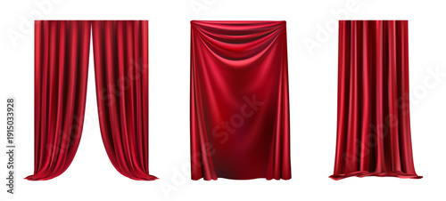 Luxury curtain cornice decor domestic fabric interior drapery textile lambrequin. Vector realistic draperies for theater or opera stage. Velvet red fabric cloth, vintage style decoration
