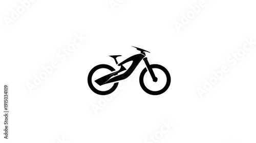 Stylized black silhouette of a mountain bike against a white background. It represents speed and movement