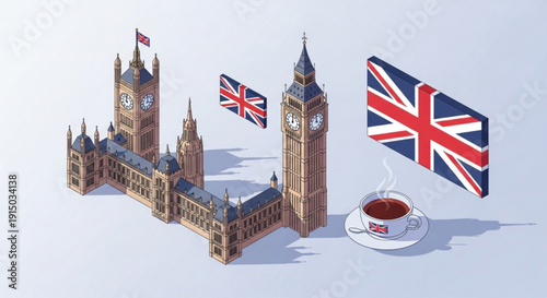 Big ben london with british flags and a cup of tea on a saucer symbolizing england