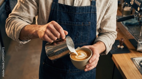 Barista in denim apron pours steamed milk into a coffee cup, creating latte art with a heart shape, in a modern cafe setting with espresso machine and wooden counter visible