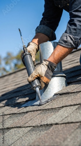 Worker applying sealant with caulking gun on a metal vent pipe while repairing a roof covered with asphalt shingles under a clear blue sky in a residential area