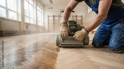 Man in blue overalls uses a floor sander to refinish wooden parquet flooring in a spacious indoor area with large windows and wooden gymnasium-style wall bars in the background