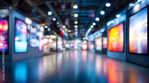 Exhibition Hall Showcase: An evocative image of an exhibition hall awash in soft focus, with a mesmerizing display of illuminated screens. Explore the technology