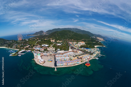 Quadro su tela Aerial panoramic view of amusement park island in Nha Trang, Vietnam at sunset