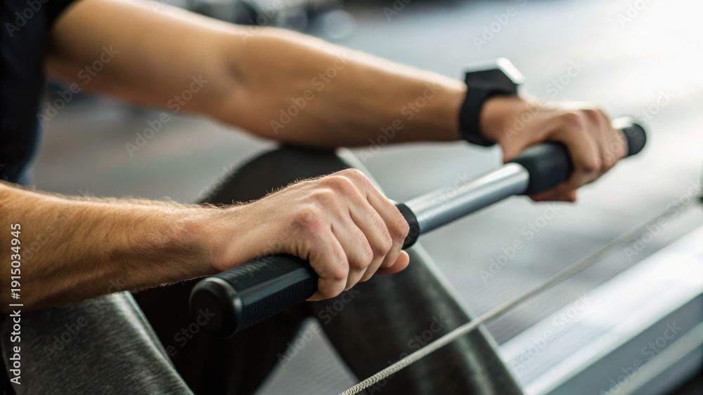 custom made wallpaper toronto digitalClose-up of a person’s hands gripping a rowing machine handle, demonstrating exercise and strength training in a gym setting.