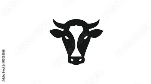A stylized black and white illustration of a cow's head, simple design on a white background