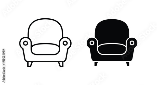 Two contrasting styles of classic armchair icons representing both filled silhouette and simple outline versions for modern design applications