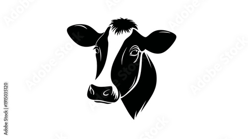A black and white illustration of a cow's head, showing its eye, ears, and snout