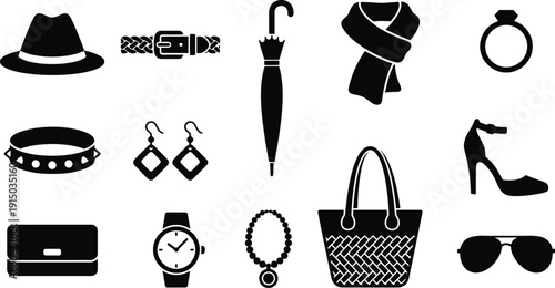 A collection of essential fashion accessories and personal items for men and women displayed as black silhouettes