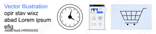 Time management, e-commerce systems, online shopping, user authentication, digital interfaces, mobile applications. Analog clock, user profile screen cart icon. Time management and e-commerce