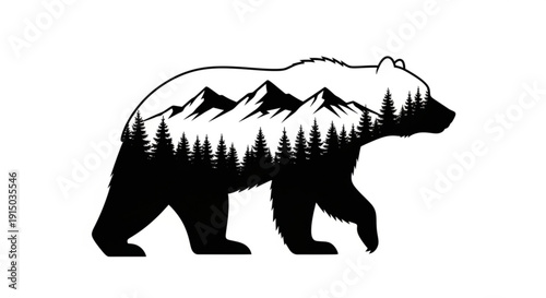 Black bear silhouette with mountain forest landscape inside walking right nature symbol