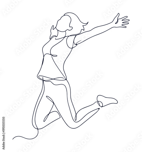 Jumping woman continuous one line drawing. Minimalist vector outline illustration of joyful female silhouette in dynamic leap pose. Simple abstract doodle for motivation concept, freedom poster