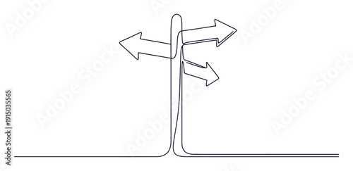 Direction signpost continuous one line drawing. Minimalist vector outline illustration of multiple arrows on pole showing navigation choices.