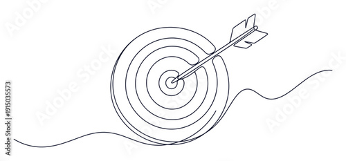 Target with arrow continuous one line drawing. Minimalist vector outline illustration of bullseye hit by dart symbolizing goal achievement.