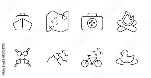 Outdoor set icon. Ship, map, medkit, campfire, skewers, mountains, bike, duck, trail, hiking, camping, grill, travel, health, recreation