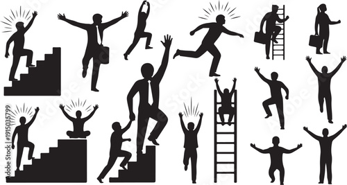 Business People Celebrating Success with Silhouette Illustrations and Stairs