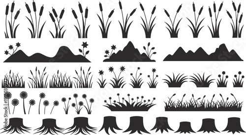 Black nature silhouette set, grass flowers reeds and tree stumps collection with landscape elements, isolated flat vector illustration design