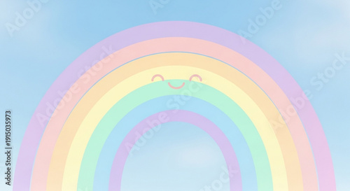 Rainbow with Smiling Face against Blue Sky, Cartoon Style, Isolated Background