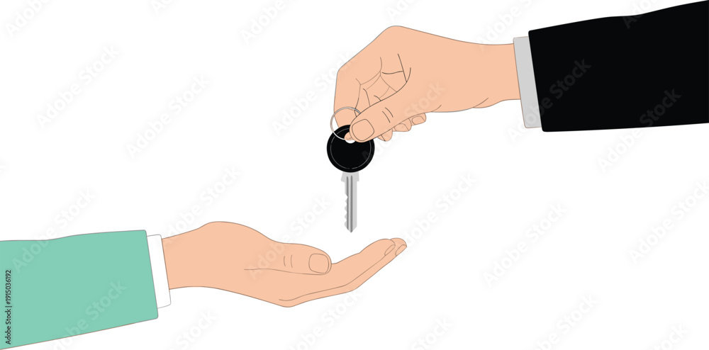 Fototapeta premium Hand giving key to another person real estate property transfer and home ownership vector illustration