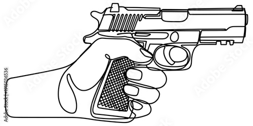 Minimalist Line Drawing of Hand Holding Semi Automatic Pistol