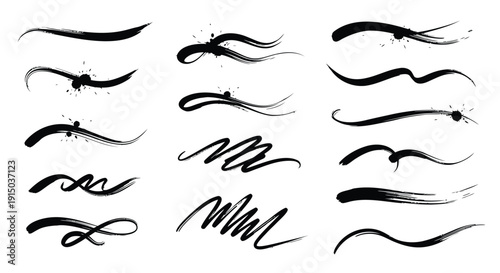 Collection of 15 black ink brush strokes on white background, vector illustration