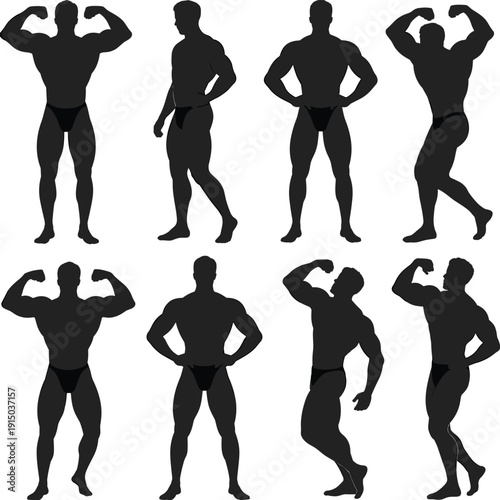 Bodybuilder silhouette set, muscular male fitness poses collection, bodybuilding competition figures, strong athlete icons, black flat vector illustration