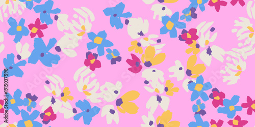 Seamless floral vector pattern with abstract blooms in blue, yellow, magenta and cream on a soft pink background.  Ideal for women’s apparel, swimwear and vibrant lifestyle design