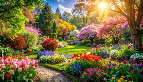 Vibrant garden blooms with colorful flowers and lush greenery in a serene outdoor setting.