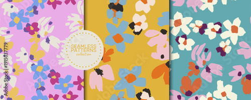 Seamless floral vector pattern collection in three vibrant colorways: pink with blue purple and yellow, mustard with pink blue and plum, and teal with cream orange and magenta