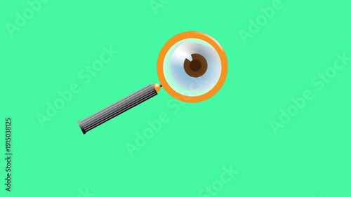 Rack focus close-up of eye looking through magnifying lens, clip animated on transparent background