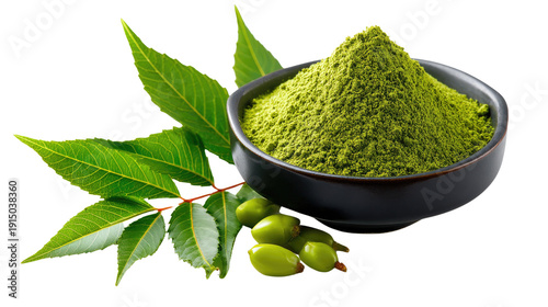 Nature's Elixir: A vibrant display of neem leaves and powder, showcasing the natural essence of this ancient herbal remedy.