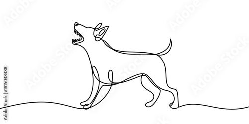 Continuous line drawing of a dog barking with its mouth open and head tilted up.