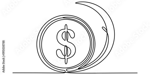 Continuous line drawing of a dollar coin with a leaf motif representing financial growth