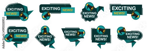 Exciting news banner collection. Promotional announcement templates with megaphone and modern geometric shapes. Flat style elements for marketing posts