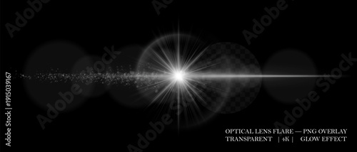 Bright lens flare with luminous halo, reflection circles, and soft glow. Perfect for overlays, light decorations, and digital highlights.