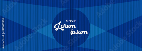 Movie poster background template. Blue curtain stage with spotlight beams and title text placeholder. Cinematic presentation layout for film events
