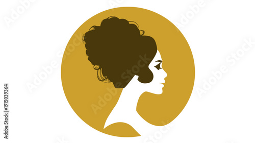 A woman's profile in white against a mustard circle, featuring dark hair