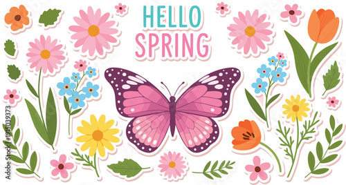 Hello Spring Floral Illustration with Butterfly, Blooming Flowers, and Botanical Elements in Pastel Colors for Seasonal Greeting and Decorative Designs