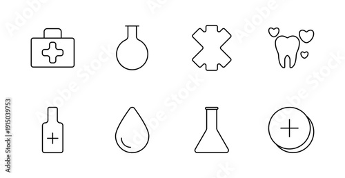 Medical and lab set icon. First aid kit, round flask, asterisk, tooth with hearts, vial, droplet, conical flask, coin with plus sign illustrated for health, dental, and research purposes.