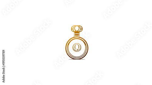 A stylized golden perfume bottle with ornate detailing, centered against a white background