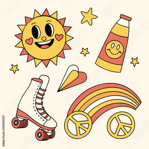 Set of funky retro cartoon characters and decorative elements for sticker and poster design. 70s disco style, smiling sun, lava lamp, roller skates, rainbow waves, peace signs. Vintage vector 