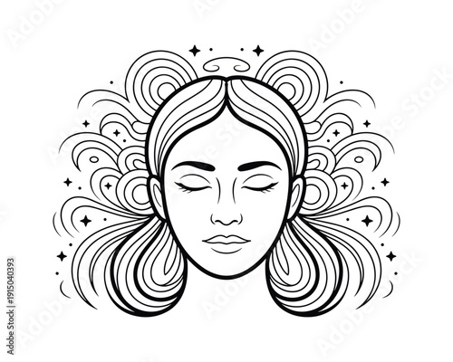 Artistic line drawing of a womans face with flowing hair and celestial elements