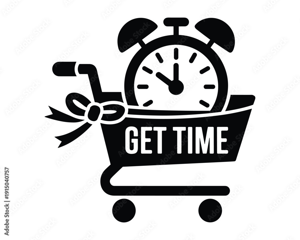 Fototapeta premium Shopping cart filled with an alarm clock and text get time with ribbon detail