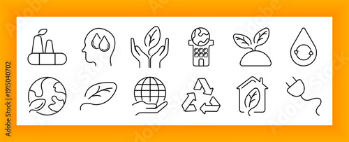 Ecology set icon. Leaf, hand, globe, plug, recycling, sprout, water, house, sustainability, nature, eco, power, clean, environment, care, energy