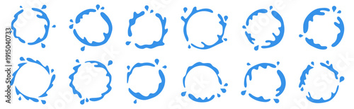 Water splash frames set. Blue liquid circle shapes with dynamic drops and splashes. Decorative round elements for labels and backgrounds